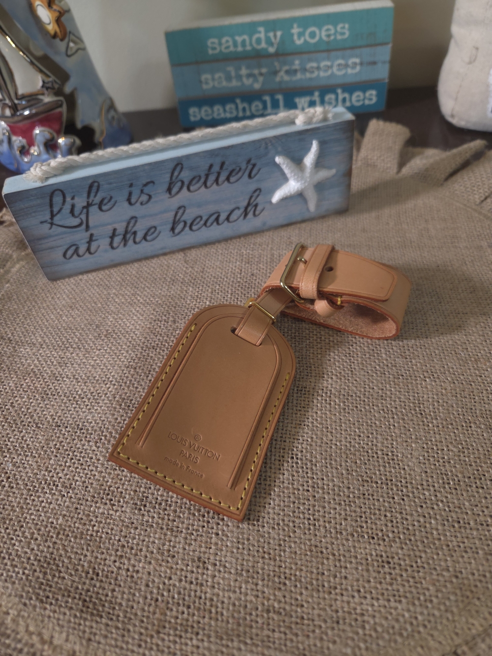 Like New Louis Vuitton Tan Leather Luggage Tag
